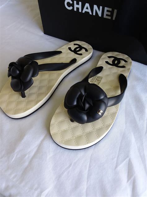 chanel flip flops flower|Chanel flip flops with chain.